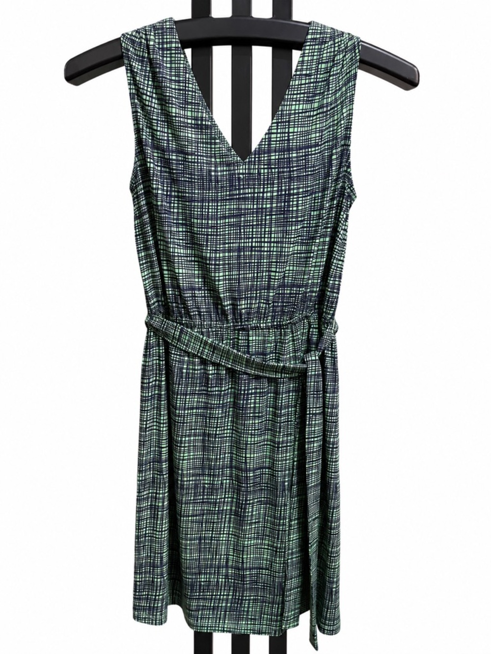 Apt. 9 Sleeveless V‑Neck Midi Dress in Green Plaid with Self‑Tie Belt